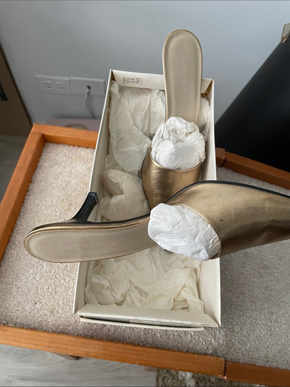 BCBG Metallic Gold Slip-On Mule Heels